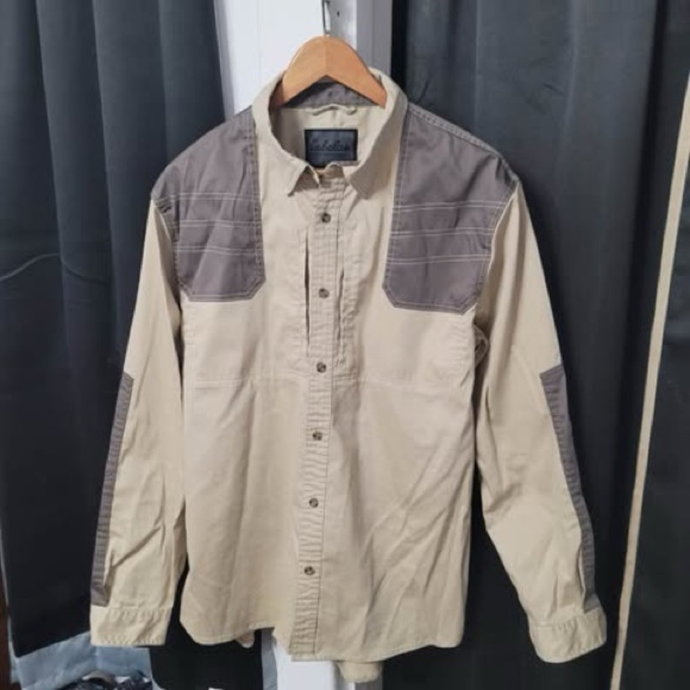 Cabela's Men's Large Khaki Hunting Hiking Tech Shirt Cotton Blend Long Sleeve